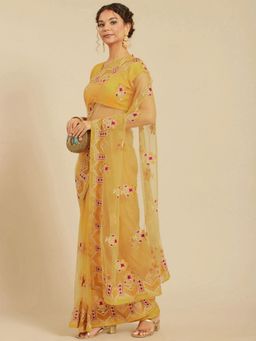 Odette - Mustard Net Embroidered Saree with Unstitched Blouse