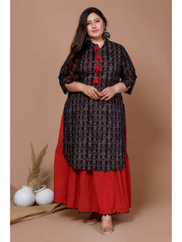 Miravan - Womens Plus Size Black Printed Pure Cotton Kurta with Skirt (Set of 2)