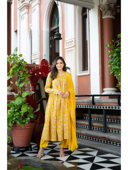 WEAVLLITE - Yellow Pure Cotton Block Printed Kurta (Set of 3)