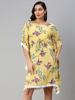 SHOWOFF - Women's Knee Length Tropical Yellow Round Neck Kaftan Dress