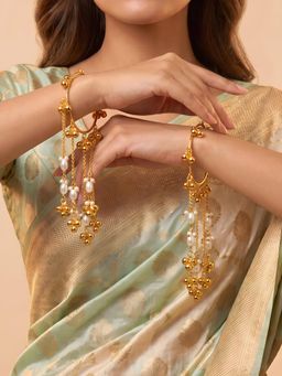 ADIVA - Gold-Plated Ghungroo Pearl Beaded Chain Adjustable Kashmiri Bangles (Pack of 2)