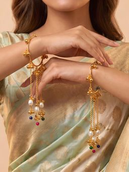 ADIVA - Gold-Plated Multicolour Stone Pearl Adjustable Kashmiri Bangles (Pack of 2)