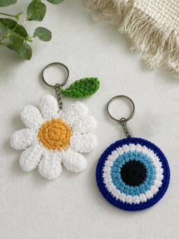 ISHKAARA - Blue Nazar Crochet Charm Woolen Flower and Evil Eye Bag Keychain Set (Pack of 2)