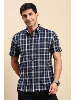 Classic Polo - Men's Half Sleeve Navy Blue Slim Fit Checked Shirt