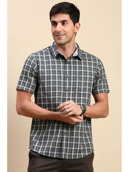 Classic Polo - Men's Half Sleeve Olive Slim Fit Checked Shirt