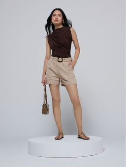 Twenty Dresses by Nykaa Fashion - Beige Solid High Waist Shorts with Belt (Set of 2)