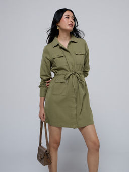 Twenty Dresses by Nykaa Fashion - Olive Green Solid Full Sleeves Mini Utility Shirt Dress