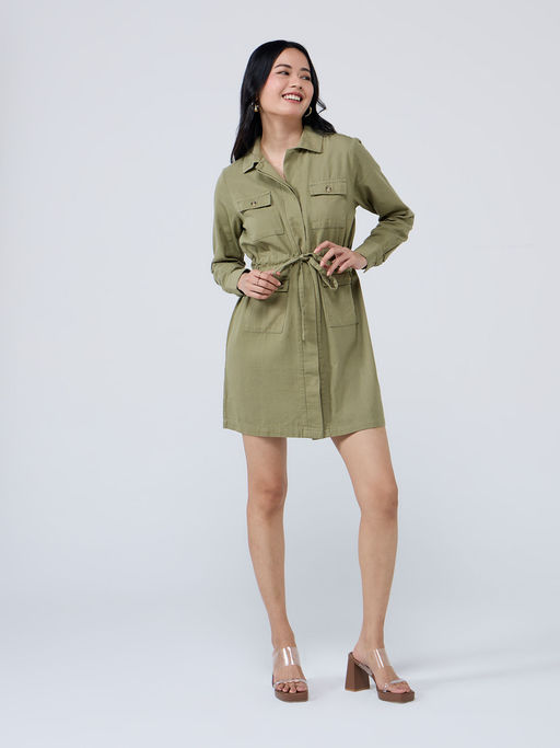 slim fit dress slacks Midi Pleated Green Military Swing Shirt Dress 3703 – Xiaolizi