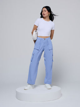 Twenty Dresses by Nykaa Fashion - Blue Solid High Waist Straight Fit Utility Cargo Trousers