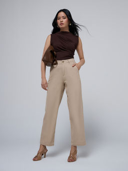 Twenty Dresses by Nykaa Fashion - Beige Solid High Waist Straight Fit Trousers