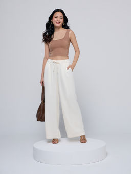Twenty Dresses by Nykaa Fashion - Cream Elasticated High Waist Straight Pants