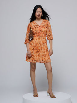 Twenty Dresses by Nykaa Fashion - Orange V Neck Puff Sleeves Gathered Mini Dress
