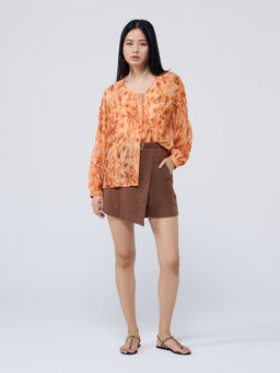 Twenty Dresses by Nykaa Fashion - Orange Printed Round Neck Pleated Puff Sleeves Shirt (XL)