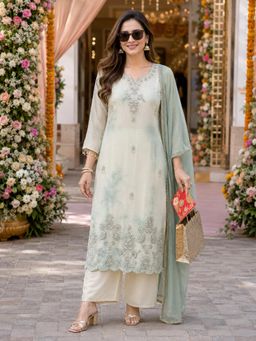 BERRYLICIOUS - Women Green Silk Hand and sequinned Embroidered Kurta with Palazzo & Dupatta