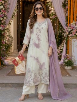 BERRYLICIOUS - Women Lavender Silk Hand and sequinned Embroidered Kurta with Palazzo & Dupatta