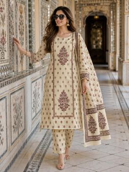 BERRYLICIOUS - Women Cream Cotton Printed and sequinned Embroidered Kurta with Pant & Dupatta