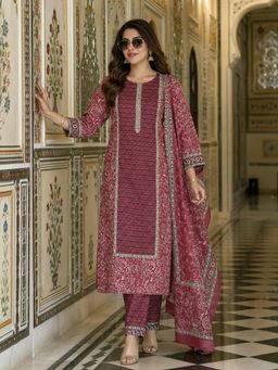 BERRYLICIOUS - Women Pink Cotton Printed and sequinned Embroidered Kurta with Pant & Dupatta