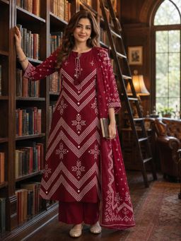 BERRYLICIOUS - Women Maroon Cotton Bandhani Printed Mirror Kurta with Palazzo & Dupatta