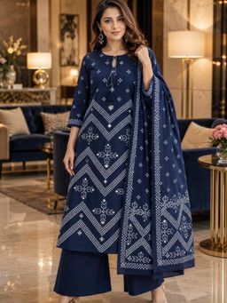 BERRYLICIOUS - Women Navy Cotton Bandhani Printed Mirror Kurta with Palazzo & Dupatta