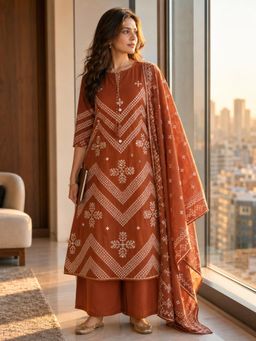 BERRYLICIOUS - Women Orange Cotton Bandhani Printed Mirror Kurta with Palazzo & Dupatta