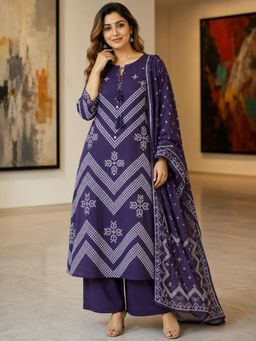 BERRYLICIOUS - Women Purple Cotton Bandhani Printed Mirror Kurta with Palazzo & Dupatta