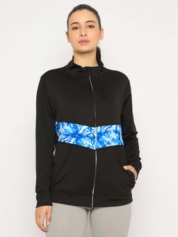 Clovia - Active Zipper Jacket in Black with Sky Blue Panels