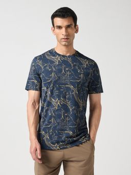 Technosport - Navy Blue Men Abstract Print Slim Fit Round Neck Sports T-Shirt