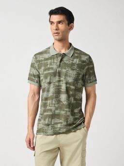 Technosport - Olive Men Printed Slim Fit Polo Sports T-Shirt