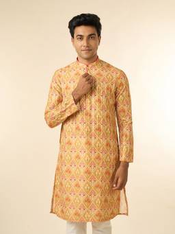 Diwas by Manyavar - Men Yellow Art Silk Printed Fancy Kurta