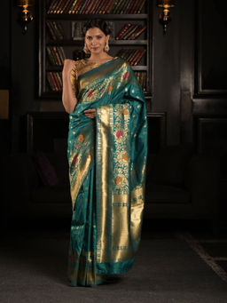 EXCLUSIVA - Green Soft Silk Banarasi Saree with Unstitched Blouse