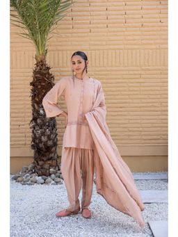 Janki India - Rose Gold Chanderi Kurta with Salwar and Dupatta (Set of 3)