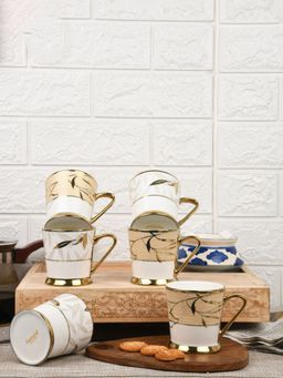 Femora - Fine Bone China Gold Floral Leaves Tea Cups - 200Ml - 6 Pcs Set