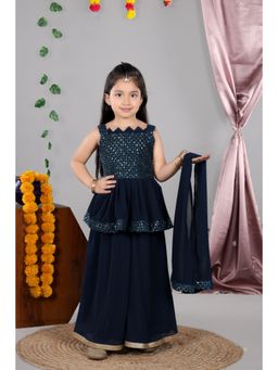 Titrit - Sleeveless Embellished Top & Dupatta with Solid Palazzo Teal (Set of 3)