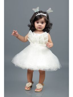 Titrit - Sleeveless Flower Embellished Fit and Flare Party Frock- Off White