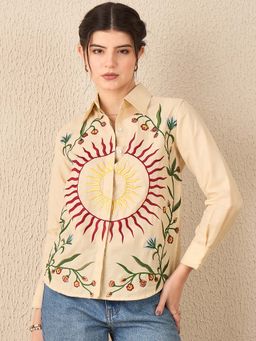Uptownie - Women Tan Embroidered Shirt