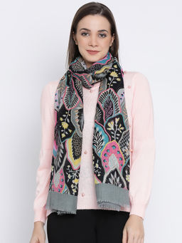Shingora - Grey Pure Wool Printed Fringed Women Shawl