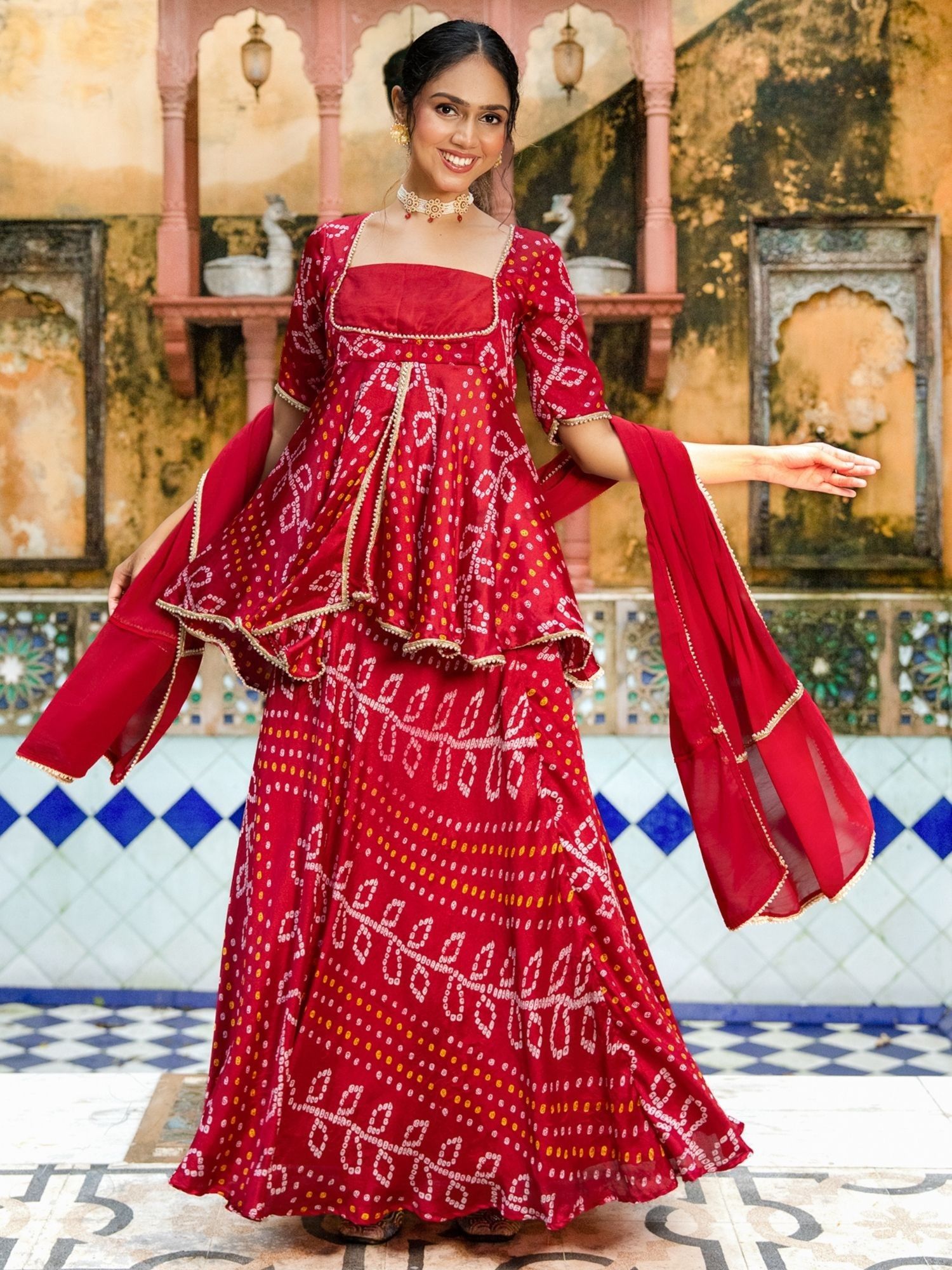 Red Chiffon Silk Ethnic Print Bandhani Lehenga with Kurta and Dupatta-image-7