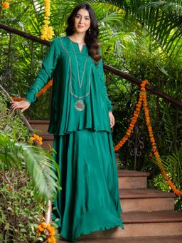 HOUSE OF JAMOTI - Green Chinon Solid Skirt with Top