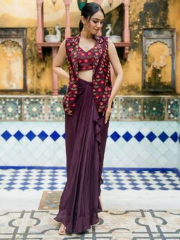 HOUSE OF JAMOTI - Wine Organza Embroidered Skirt with Top and Jacket