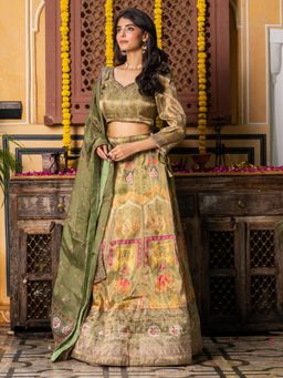 HOUSE OF JAMOTI - Green Tissue Printed Lehenga with Choli and Dupatta