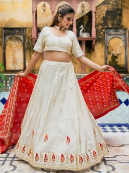 HOUSE OF JAMOTI - Beige Tissue Embroidered Lehenga with Choli and Dupatta