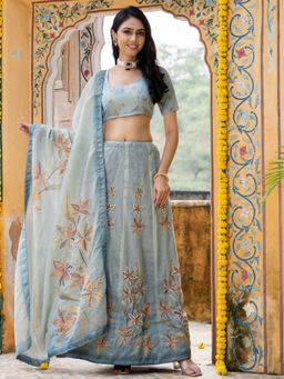 HOUSE OF JAMOTI - Blue Tissue Embroidered Lehenga with Choli and Dupatta
