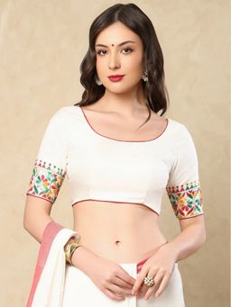 SALWAR STUDIO - White Round Neck Katha Stitch Silk Stitched Blouse