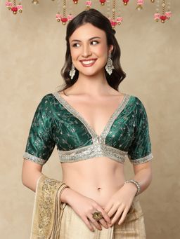 SALWAR STUDIO - Bottle Green V-Neck Embroidered Stitched Blouse