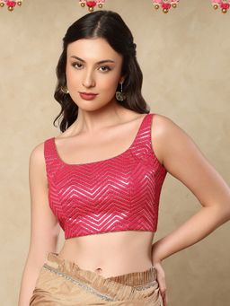 SALWAR STUDIO - Pink Round Neck Embellished Sleeveless Stitched Blouse