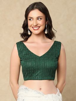 SALWAR STUDIO - Bottle Green Georgette V-Neck Readymade Sleeveless Stitched Blouse
