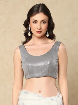 SALWAR STUDIO - Grey Shimmer Round Neck Readymade Sleeveless Stitched Blouse