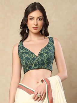 SALWAR STUDIO - Green Ajrak Sweetheart Neck Sleeveless Stitched Blouse