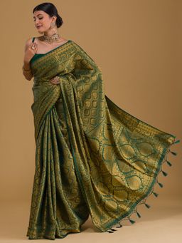 Koskii - Bottle Green Zariwork Art Silk Designer Saree with Unstitched Blouse