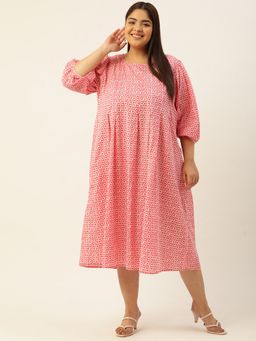 theRebelinme - Plus Size Womens Pink Floral Print Front Pleated Midi Dress